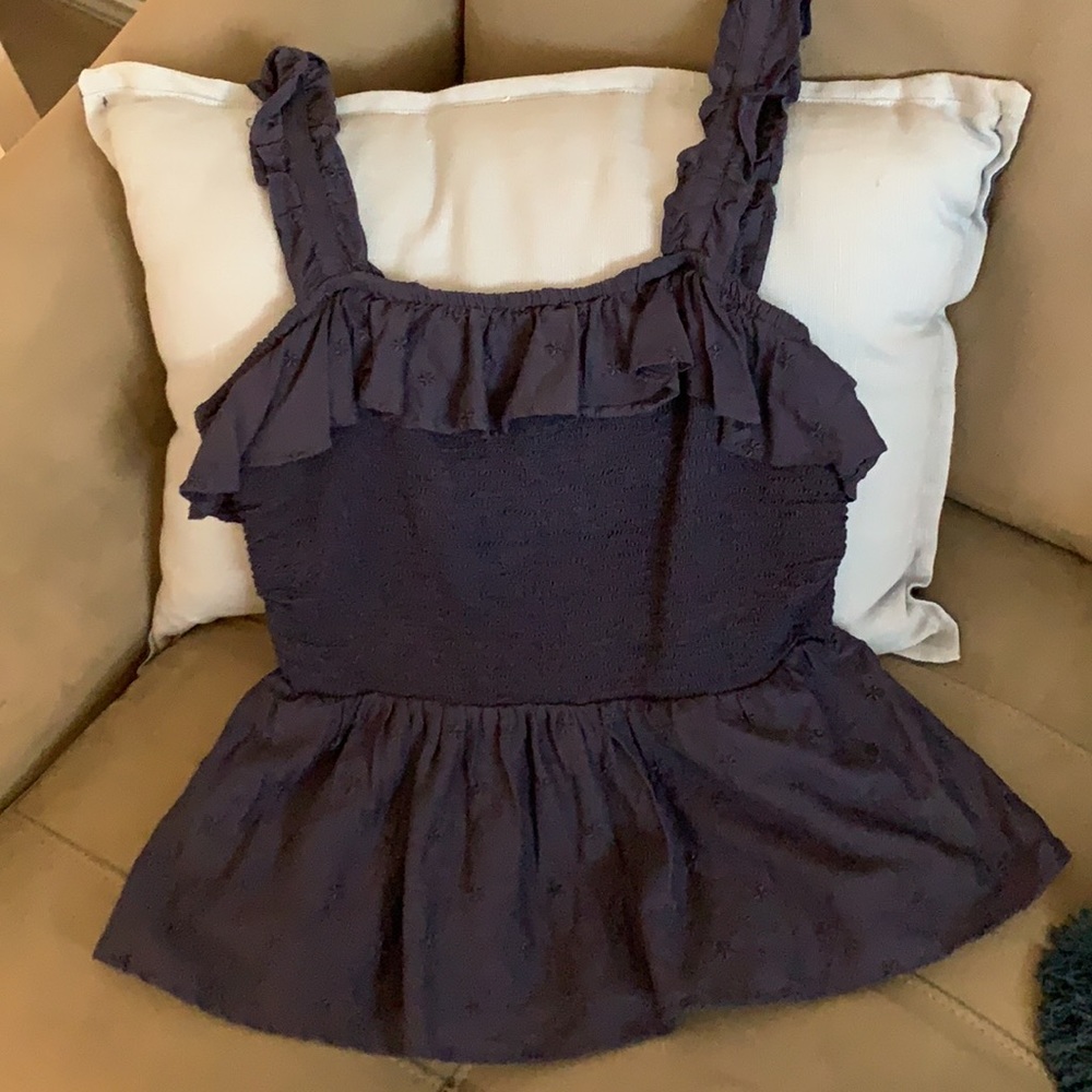 Old Navy Smocked Bodice Embroidered Navy Ruffle